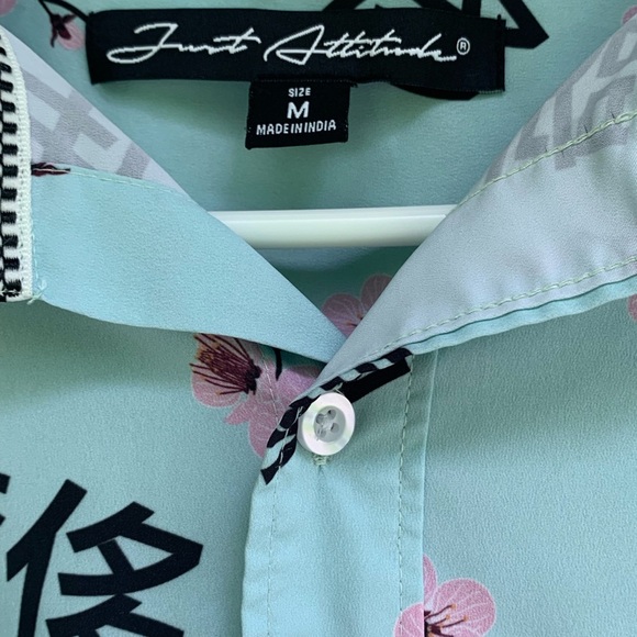 Graphic Just Attitude Cherry Blossom Pastel Blue Button Up Shirt Mens Sz Medium - Picture 4 of 9